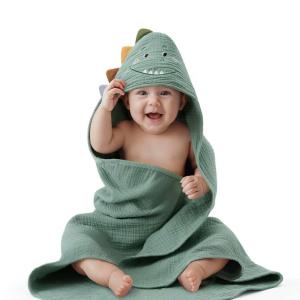 imageBlissful Diary Muslin Baby Hooded Towel Soft and Absorbent Bath Towel for Newborn Infant Toddler Unisex 32x32  Smart BearRoguish Dino