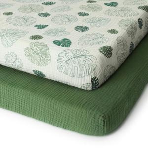 imageBlissful Diary Muslin Crib Sheets for Girl Boy Boho Neutral Soft Cotton Baby Sheet for 52x28 Standard Crib Mattress 2 PackRetro YellowampampBeigeMonstera  Dark Green