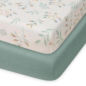 imageBlissful Diary Muslin Crib Sheets for Girl Boy Boho Neutral Soft Cotton Baby Sheet for 52x28 Standard Crib Mattress 2 PackRetro YellowampampBeigeRoman Green  Leaf