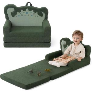 imageBlissful Diary Kids Couch 2in1 Soft Toddler Couch Fold Out Toddler Chair Comfy Convertible Sofa to Lounger with Cute Dinosaur Designs Pale KhakiDark Green