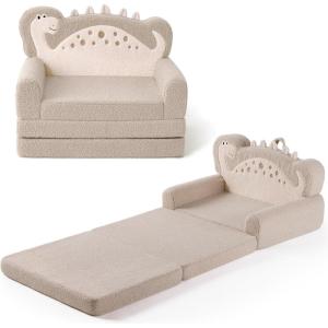 imageBlissful Diary Kids Couch 2in1 Soft Toddler Couch Fold Out Toddler Chair Comfy Convertible Sofa to Lounger with Cute Dinosaur Designs Pale KhakiKhaki