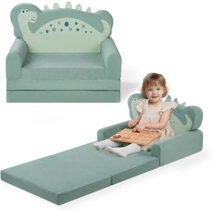 imageBlissful Diary Kids Couch 2in1 Soft Toddler Couch Fold Out Toddler Chair Comfy Convertible Sofa to Lounger with Cute Dinosaur Designs Pale KhakiLight Green