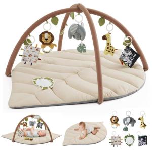 imageBlissful Diary Shell Baby Play Gym Mat Softer ampamp Enlarged Tummy Time Mat w 6 Detachable Toys for Sensory ampamp Motor Skill Development Activity Mat for Newborn Essentials Shower Gift Boho Ocean ThemeOatmeal Beige