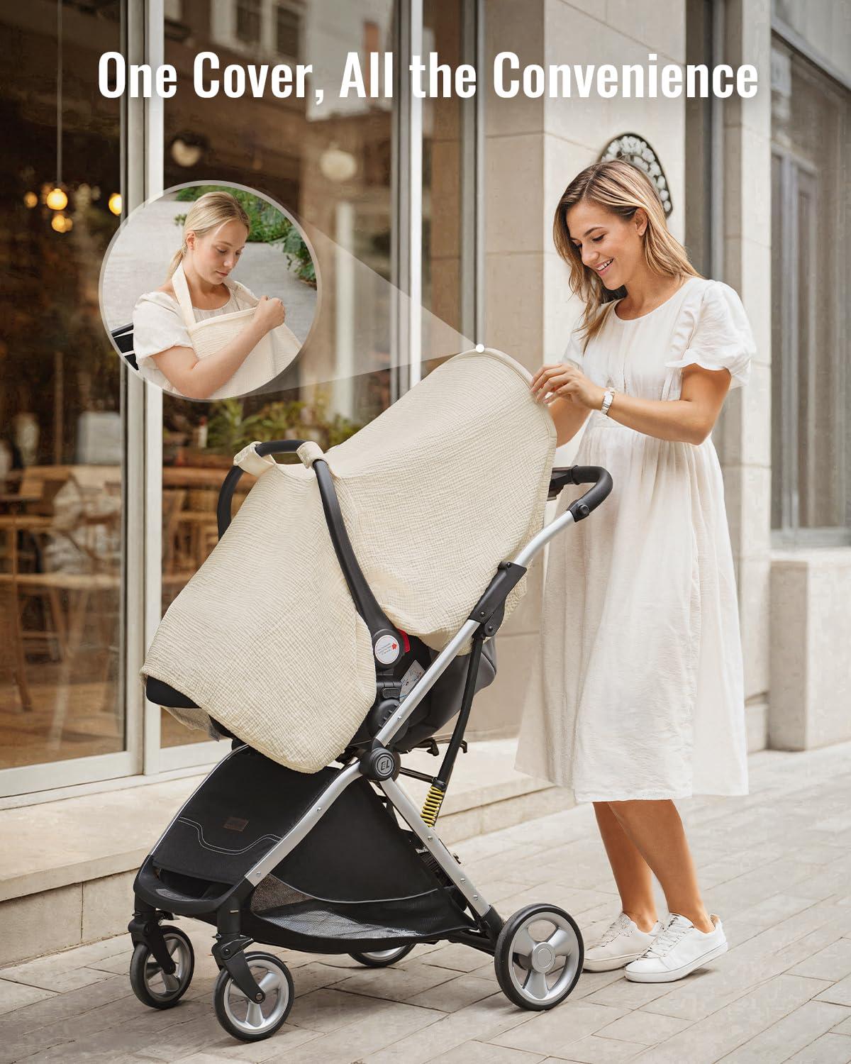 imageBlissful Diary 2in1 Muslin Baby Car Seat Cover Multiuse Nursing Cover for Breastfeeding Breathable Infant Car Seat Cover Canopy  Roman GreenBeige