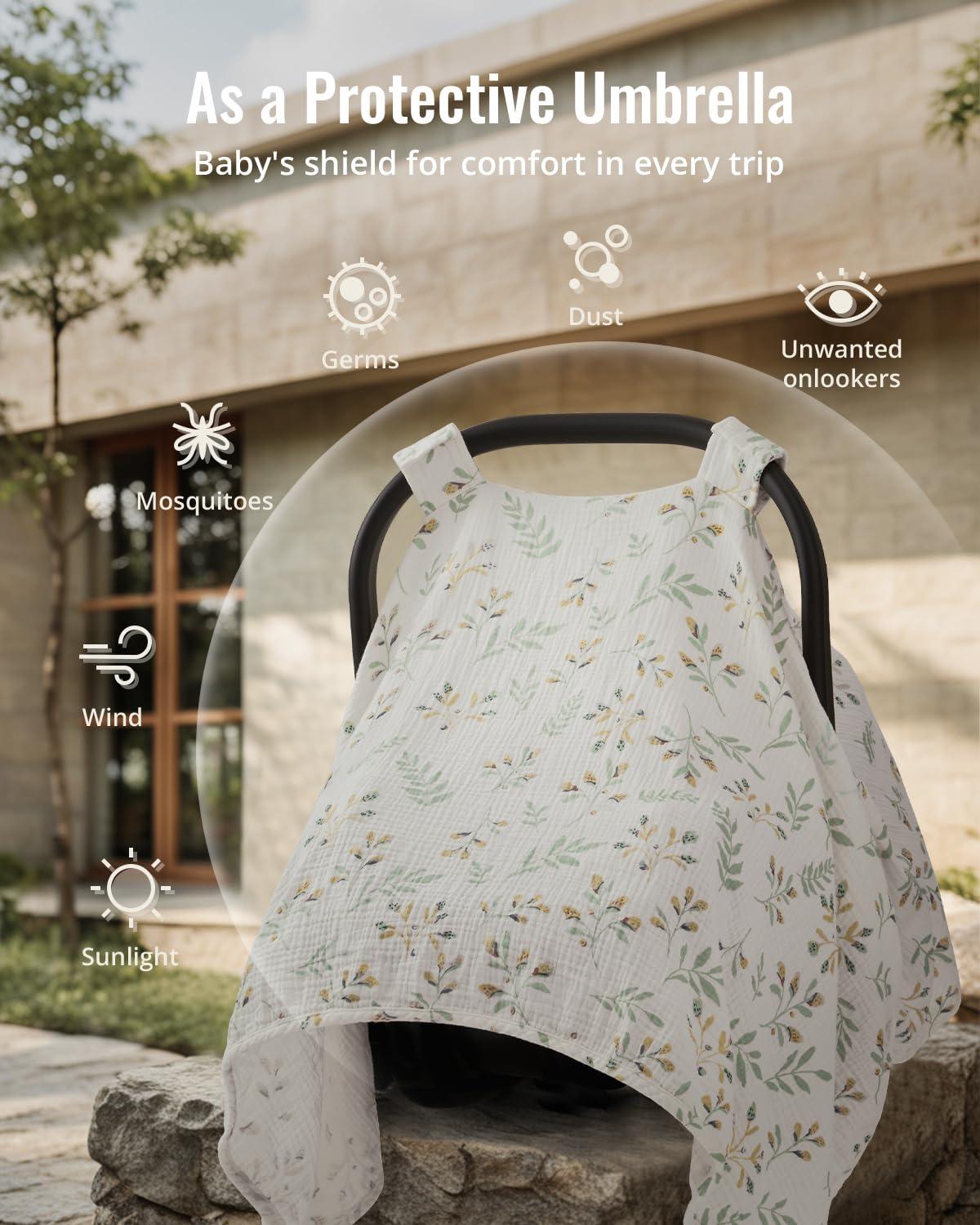 imageBlissful Diary 2in1 Muslin Baby Car Seat Cover Multiuse Nursing Cover for Breastfeeding Breathable Infant Car Seat Cover Canopy  Roman GreenBotanical Leaf