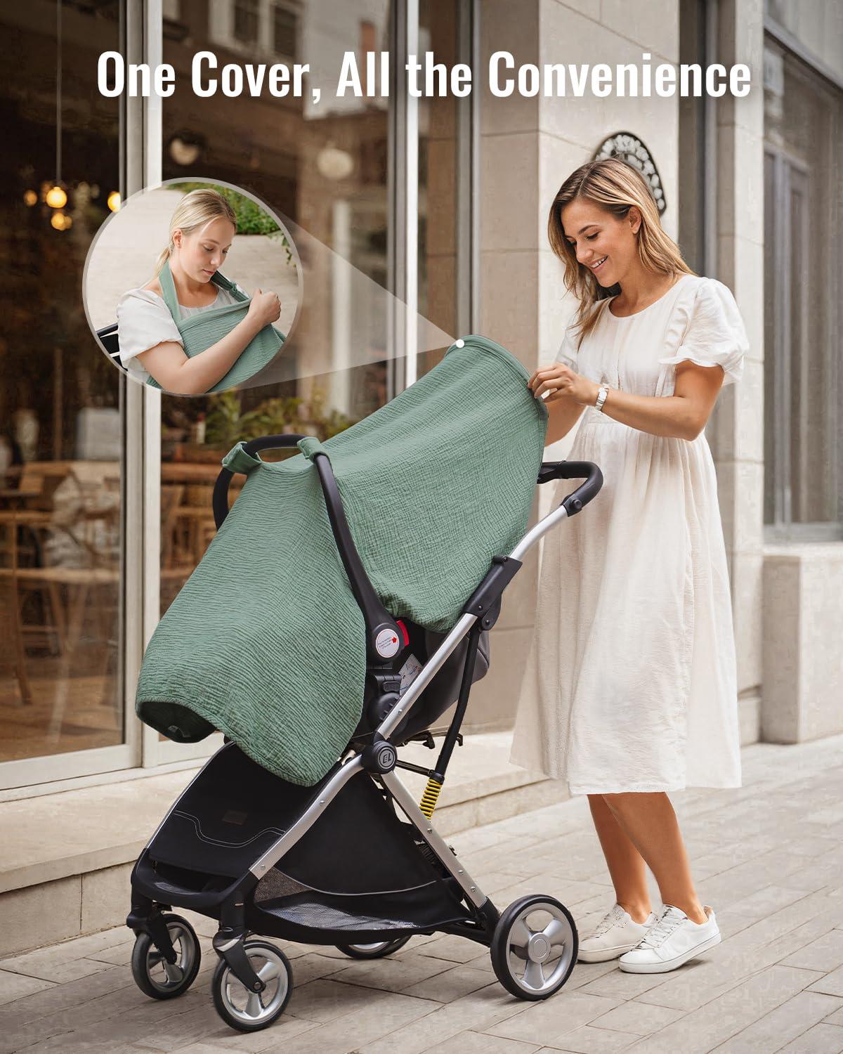 imageBlissful Diary 2in1 Muslin Baby Car Seat Cover Multiuse Nursing Cover for Breastfeeding Breathable Infant Car Seat Cover Canopy  Roman GreenRoman Green