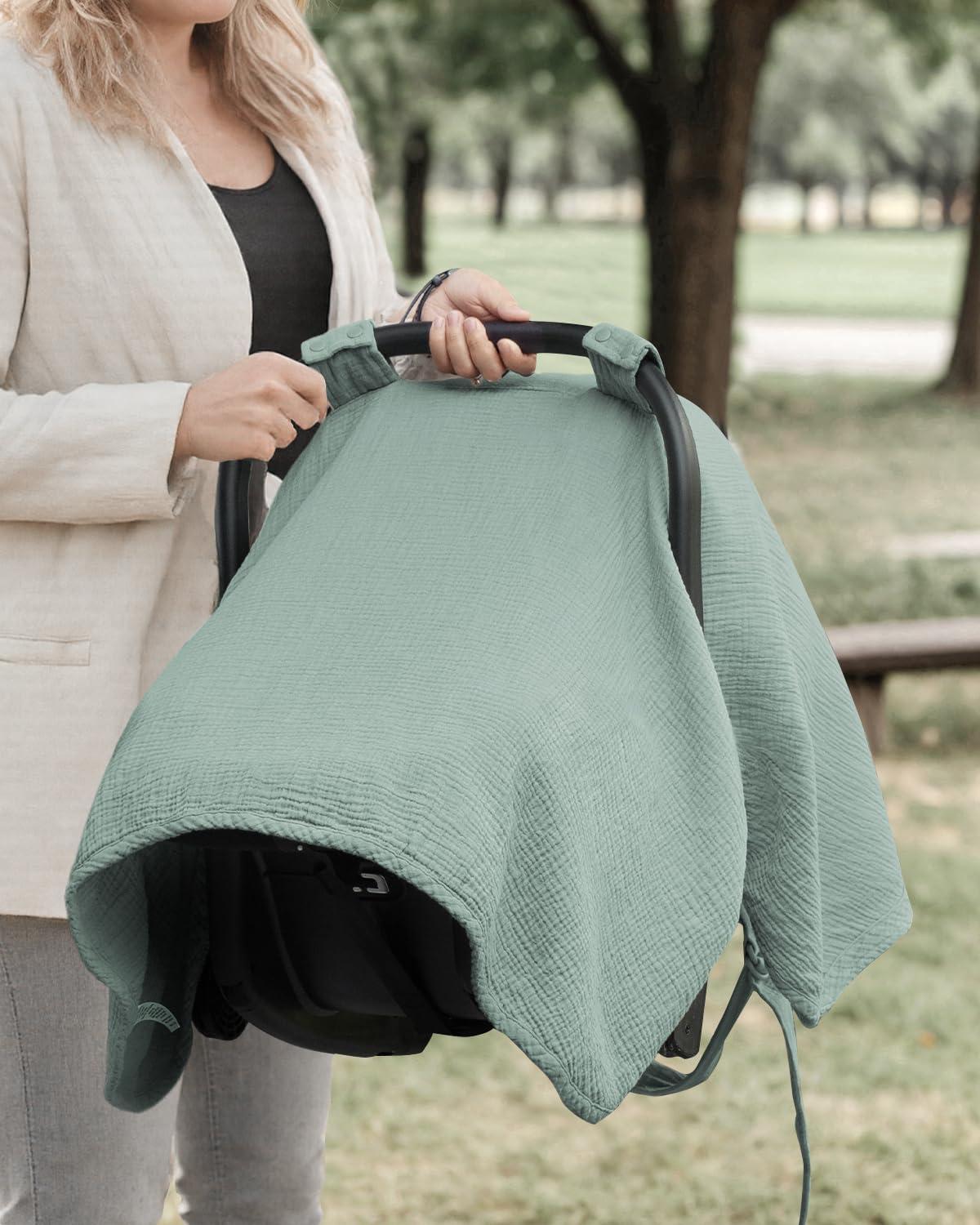 imageBlissful Diary 2in1 Muslin Baby Car Seat Cover Multiuse Nursing Cover for Breastfeeding Breathable Infant Car Seat Cover Canopy  Roman GreenRoman Green