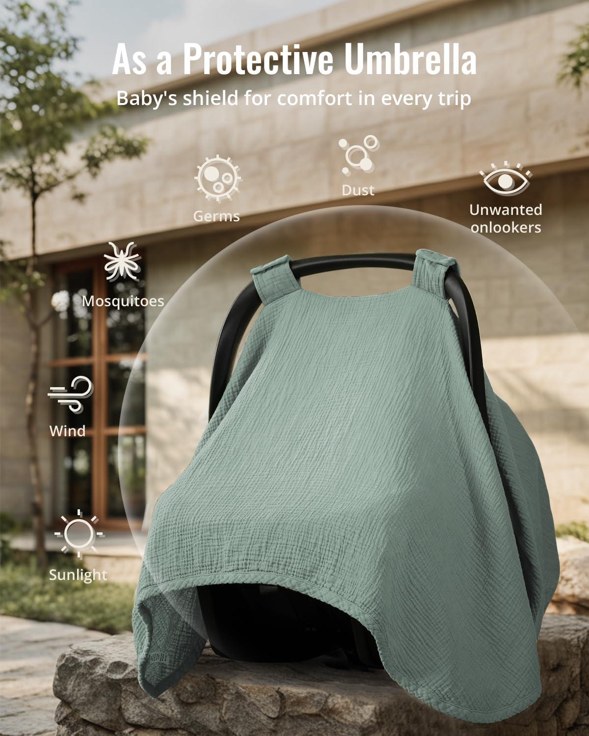 imageBlissful Diary 2in1 Muslin Baby Car Seat Cover Multiuse Nursing Cover for Breastfeeding Breathable Infant Car Seat Cover Canopy  Roman GreenRoman Green