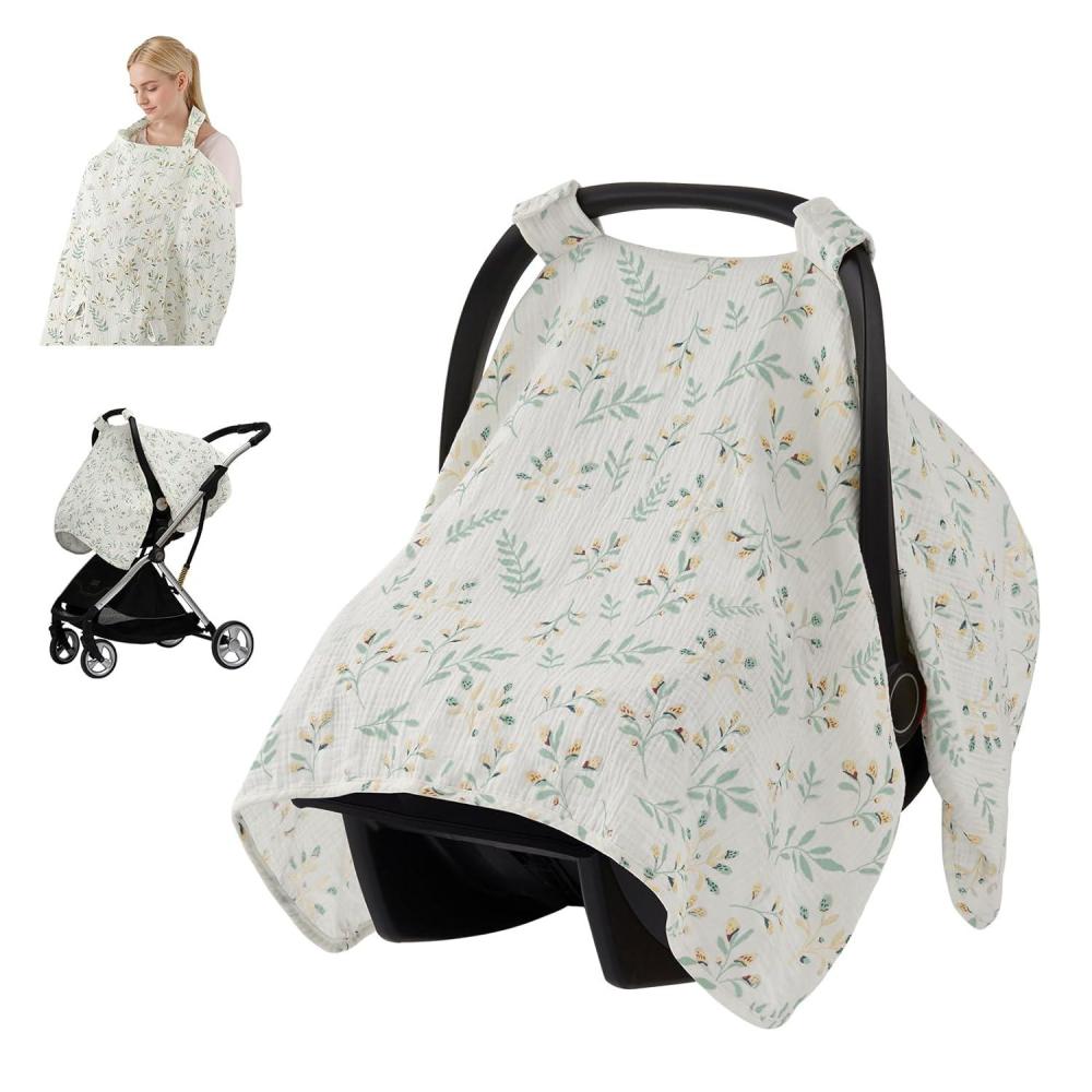 imageBlissful Diary 2in1 Muslin Baby Car Seat Cover Multiuse Nursing Cover for Breastfeeding Breathable Infant Car Seat Cover Canopy  Roman GreenBotanical Leaf