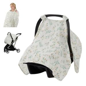imageBlissful Diary 2in1 Muslin Baby Car Seat Cover Multiuse Nursing Cover for Breastfeeding Breathable Infant Car Seat Cover Canopy  Roman GreenBotanical Leaf