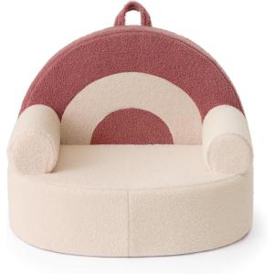 imageBlissful Diary Toddler Chair Comfy Foam Kids Chair with Soft Teddy Plush Toddler Reading Armchair with Cute Rainbow Designs Blush PinkLight Cream