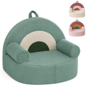 imageBlissful Diary Toddler Chair Comfy Foam Kids Chair with Soft Teddy Plush Toddler Reading Armchair with Cute Rainbow Designs Blush PinkSage Green