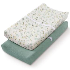 imageBlissful Diary Muslin Changing Pad Cover for Girls Boys Ultra Soft Breathable Cotton Baby Diaper Change Table Pad Covers 2Pack Dusty PinkampampCreamRoman Green  Leaf