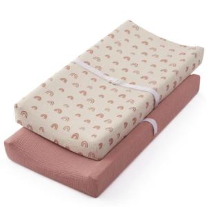 imageBlissful Diary Muslin Changing Pad Cover for Girls Boys Ultra Soft Breathable Cotton Baby Diaper Change Table Pad Covers 2Pack Dusty PinkampampRainbowDusty PinkRainbow