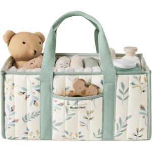 imageBlissful Diary Floral Diaper Caddy Organizer Stylish Nursery Storage Basket Gift for Baby Shower Newborn Essentials Floral BeigeSage Leaf