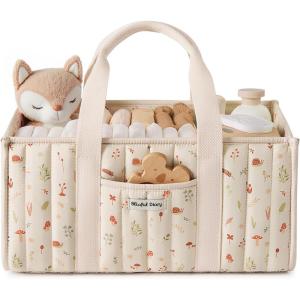 imageBlissful Diary Floral Diaper Caddy Organizer Stylish Nursery Storage Basket Gift for Baby Shower Newborn Essentials Floral BeigeWoodland Cream
