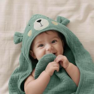 imageBlissful Diary Muslin Baby Hooded Towel Soft and Absorbent Bath Towel for Newborn Infant Toddler Unisex 32x32  Gentle GiraffeSmart Bear