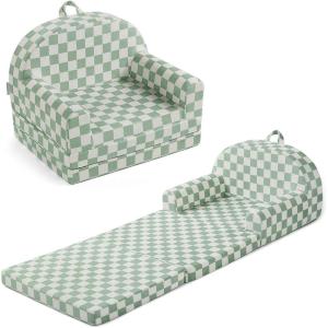 imageBlissful Diary Foldable Toddler Couch 2in1 Comfy Toddler Chair ampamp Lounger for Reading Nap Playroom Kids Couch Sofa for Girls Boys Birthday Gift Sage Checkered