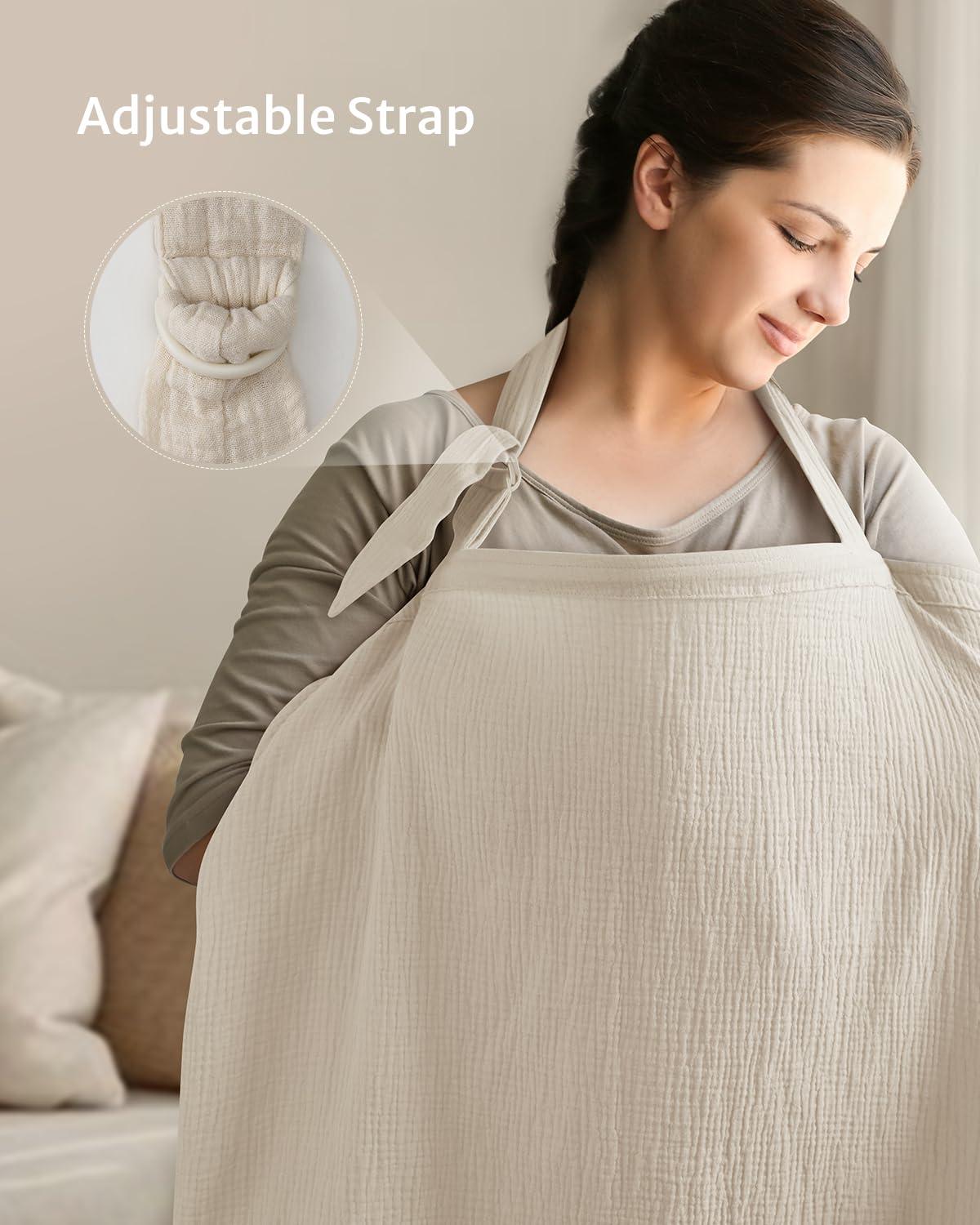 imageBlissful Diary Muslin Nursing Cover for Breastfeeding Breathable Breastfeeding Cover up with Arch Neckline for Women Nursing ApronLight BlueCream