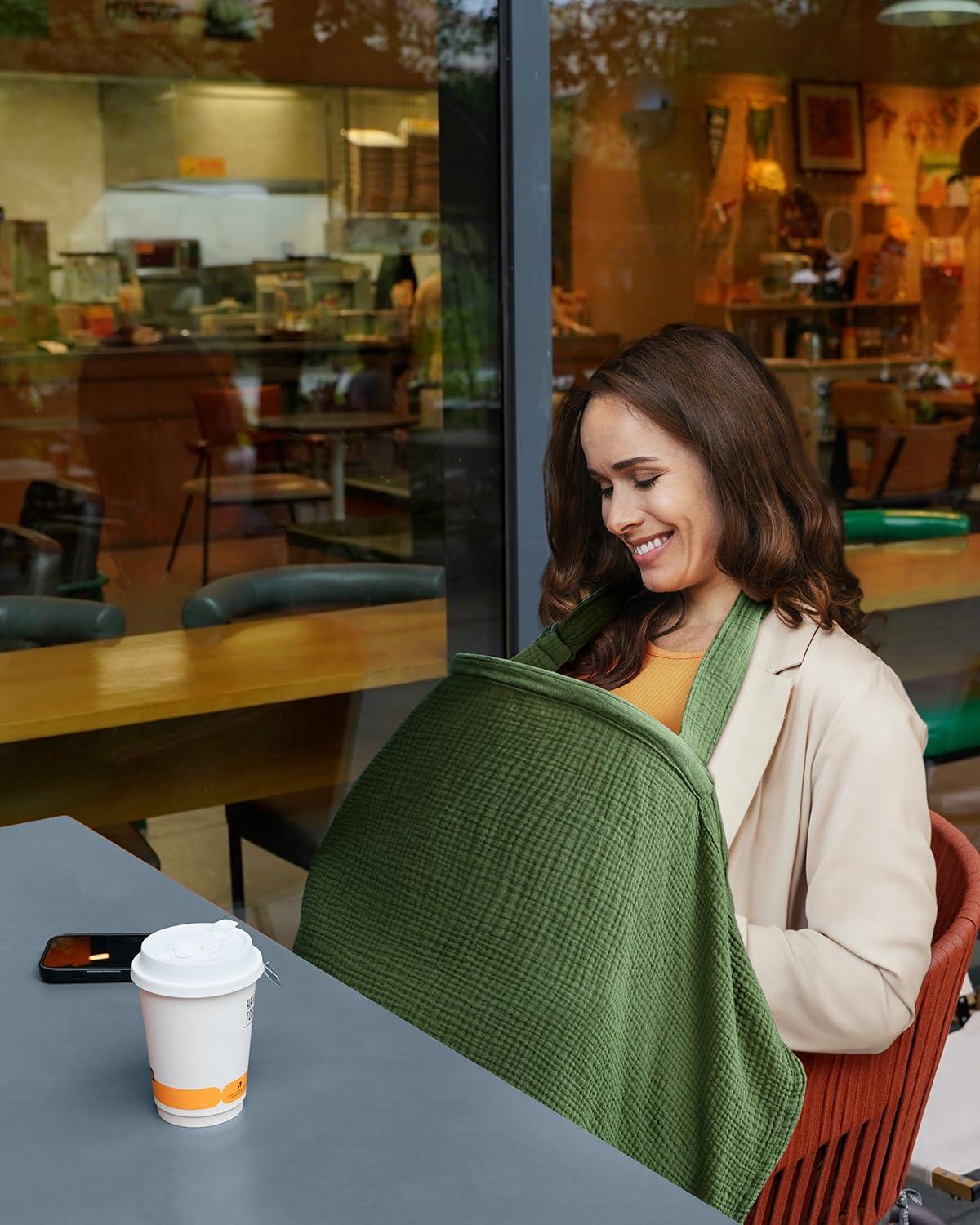 imageBlissful Diary Muslin Nursing Cover for Breastfeeding Breathable Breastfeeding Cover up with Arch Neckline for Women Nursing ApronLight BlueDark Green