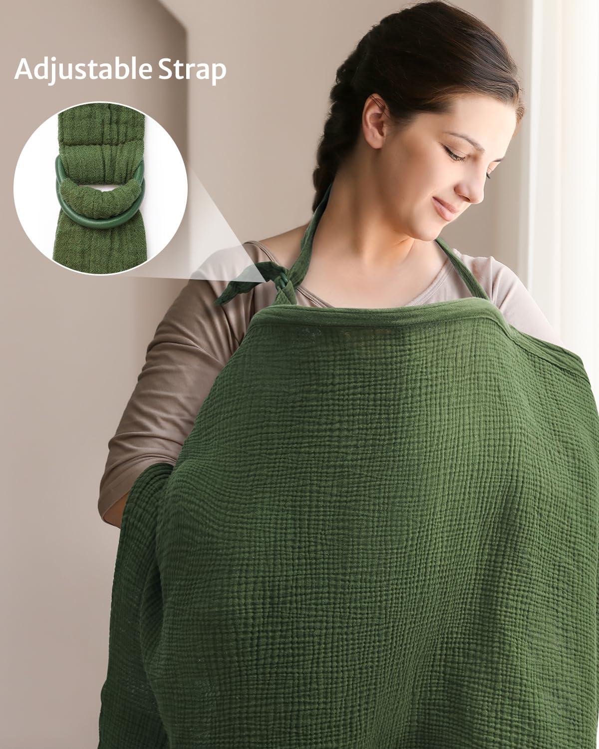 imageBlissful Diary Muslin Nursing Cover for Breastfeeding Breathable Breastfeeding Cover up with Arch Neckline for Women Nursing ApronLight BlueDark Green
