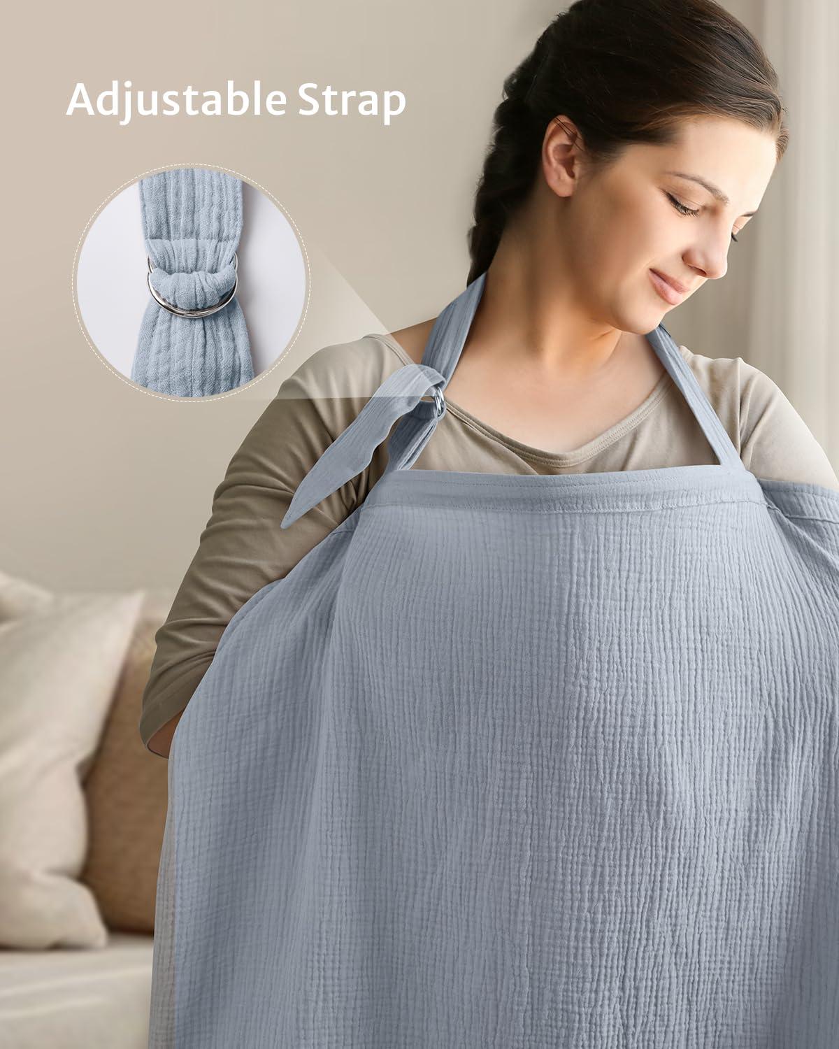imageBlissful Diary Muslin Nursing Cover for Breastfeeding Breathable Breastfeeding Cover up with Arch Neckline for Women Nursing ApronLight BlueLight Blue