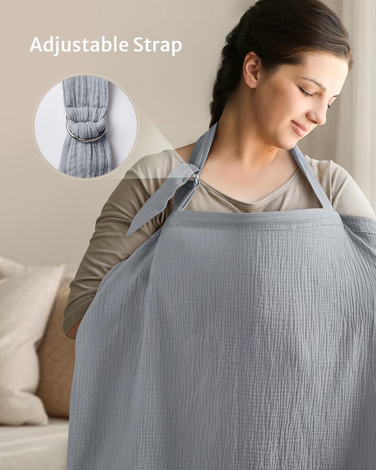 imageBlissful Diary Muslin Nursing Cover for Breastfeeding Breathable Breastfeeding Cover up with Arch Neckline for Women Nursing ApronLight BlueLight Grey