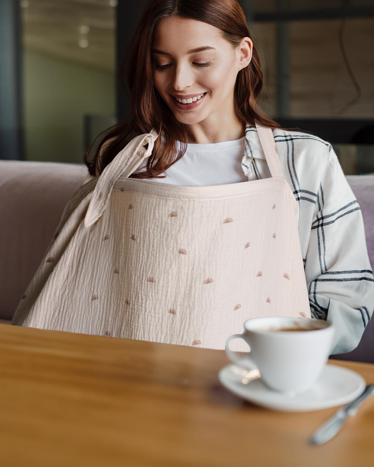 imageBlissful Diary Muslin Nursing Cover for Breastfeeding Breathable Breastfeeding Cover up with Arch Neckline for Women Nursing ApronLight BlueRainbow