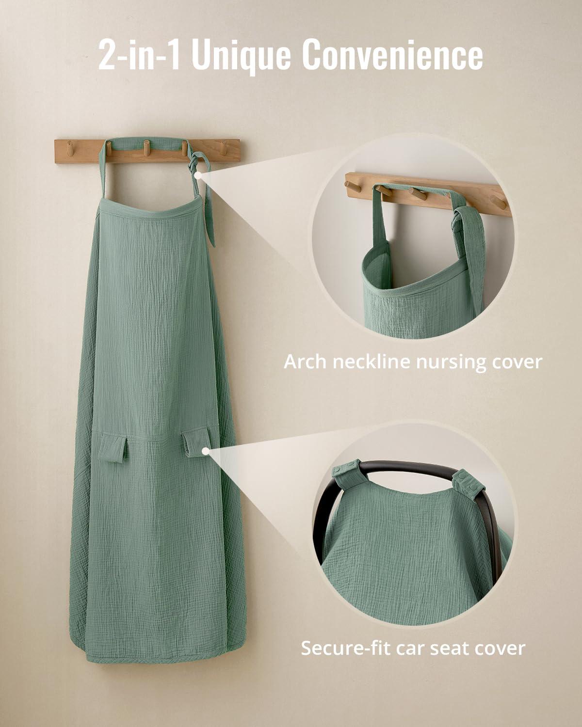 imageBlissful Diary Muslin Nursing Cover for Breastfeeding Breathable Breastfeeding Cover up with Arch Neckline for Women Nursing ApronLight BlueZRoman Green