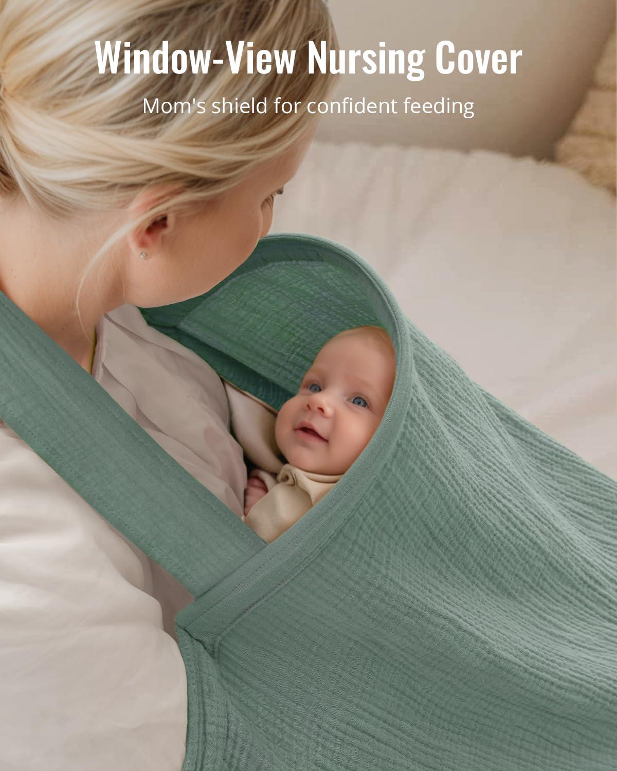 imageBlissful Diary Muslin Nursing Cover for Breastfeeding Breathable Breastfeeding Cover up with Arch Neckline for Women Nursing ApronLight BlueZRoman Green