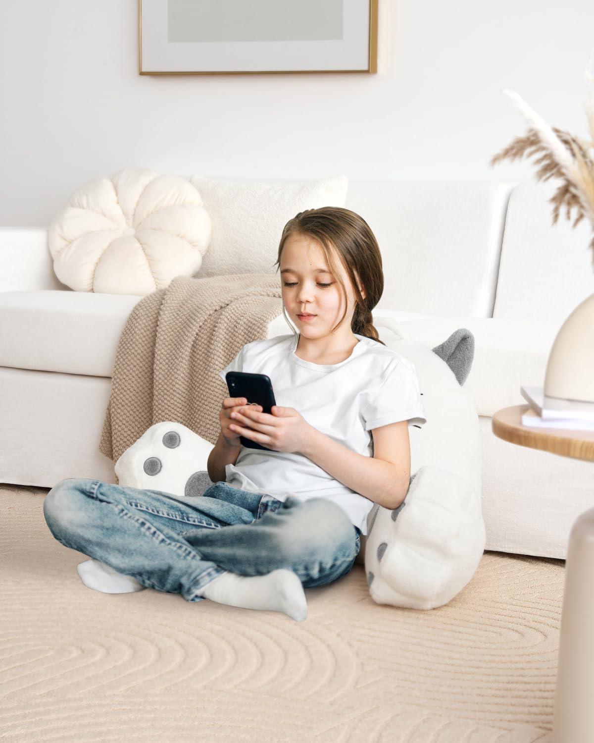 imageBlissful Diary Plush Velvet Reading Pillow for KidsTeensAdults Back Rest Pillow for Sitting Up in Bed with Shredded Memory Foam Includes Arms and Washable Cover Light GrayKitty Pure White