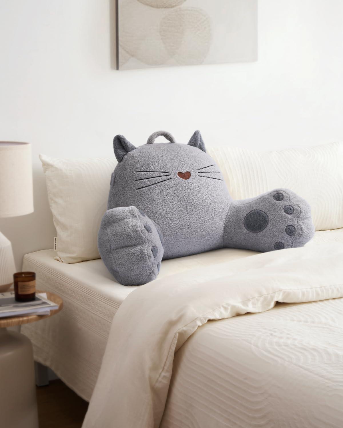 imageBlissful Diary Plush Velvet Reading Pillow for KidsTeensAdults Back Rest Pillow for Sitting Up in Bed with Shredded Memory Foam Includes Arms and Washable Cover Light GrayKitty Light Gray