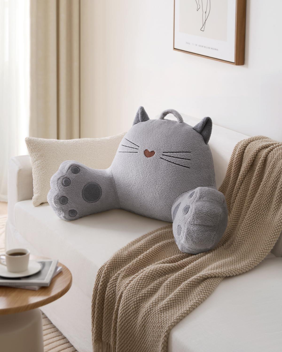 imageBlissful Diary Plush Velvet Reading Pillow for KidsTeensAdults Back Rest Pillow for Sitting Up in Bed with Shredded Memory Foam Includes Arms and Washable Cover Light GrayKitty Light Gray