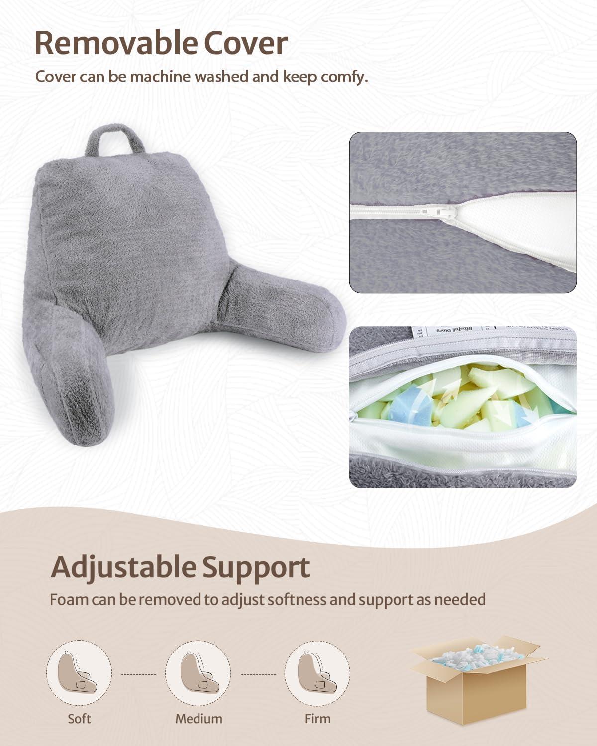 imageBlissful Diary Plush Velvet Reading Pillow for KidsTeensAdults Back Rest Pillow for Sitting Up in Bed with Shredded Memory Foam Includes Arms and Washable Cover Light GrayLight Gray