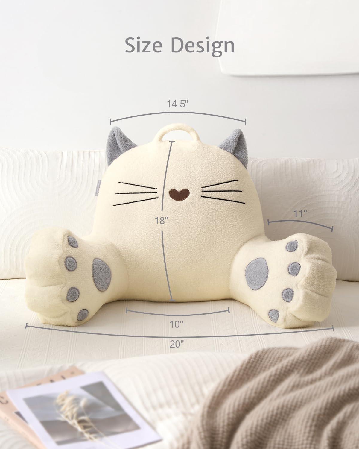 imageBlissful Diary Plush Velvet Reading Pillow for KidsTeensAdults Back Rest Pillow for Sitting Up in Bed with Shredded Memory Foam Includes Arms and Washable Cover Light GrayKitty Off White