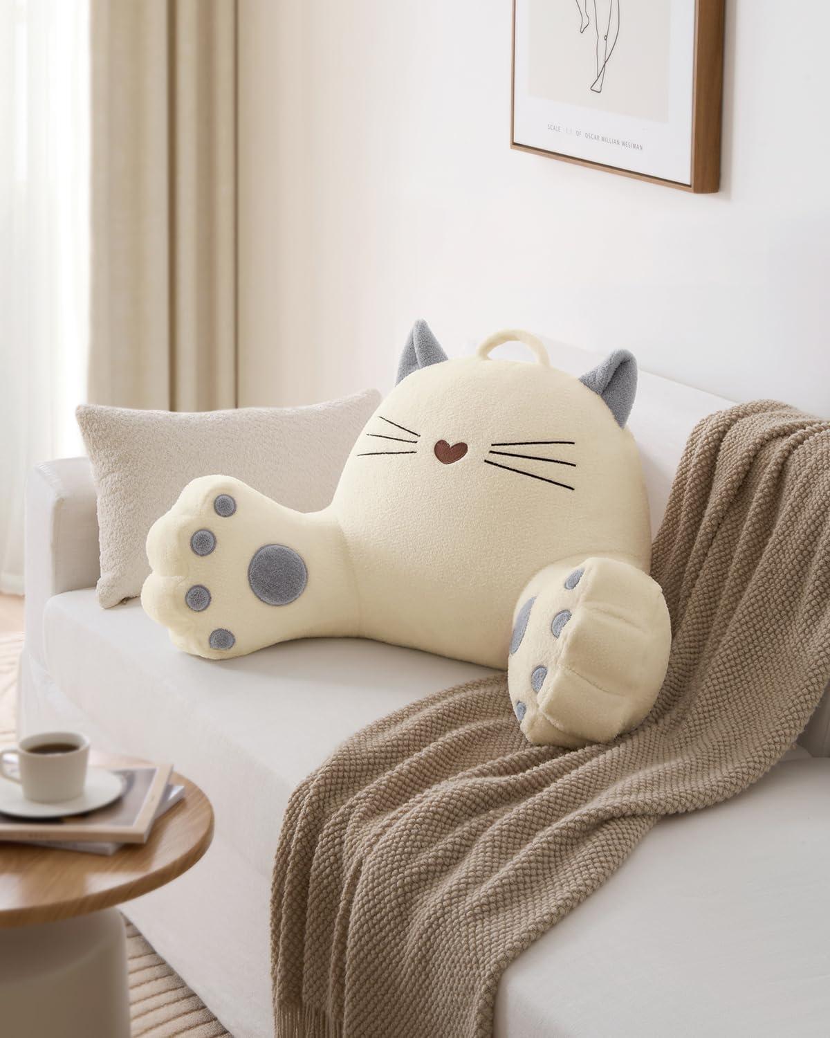 imageBlissful Diary Plush Velvet Reading Pillow for KidsTeensAdults Back Rest Pillow for Sitting Up in Bed with Shredded Memory Foam Includes Arms and Washable Cover Light GrayKitty Off White