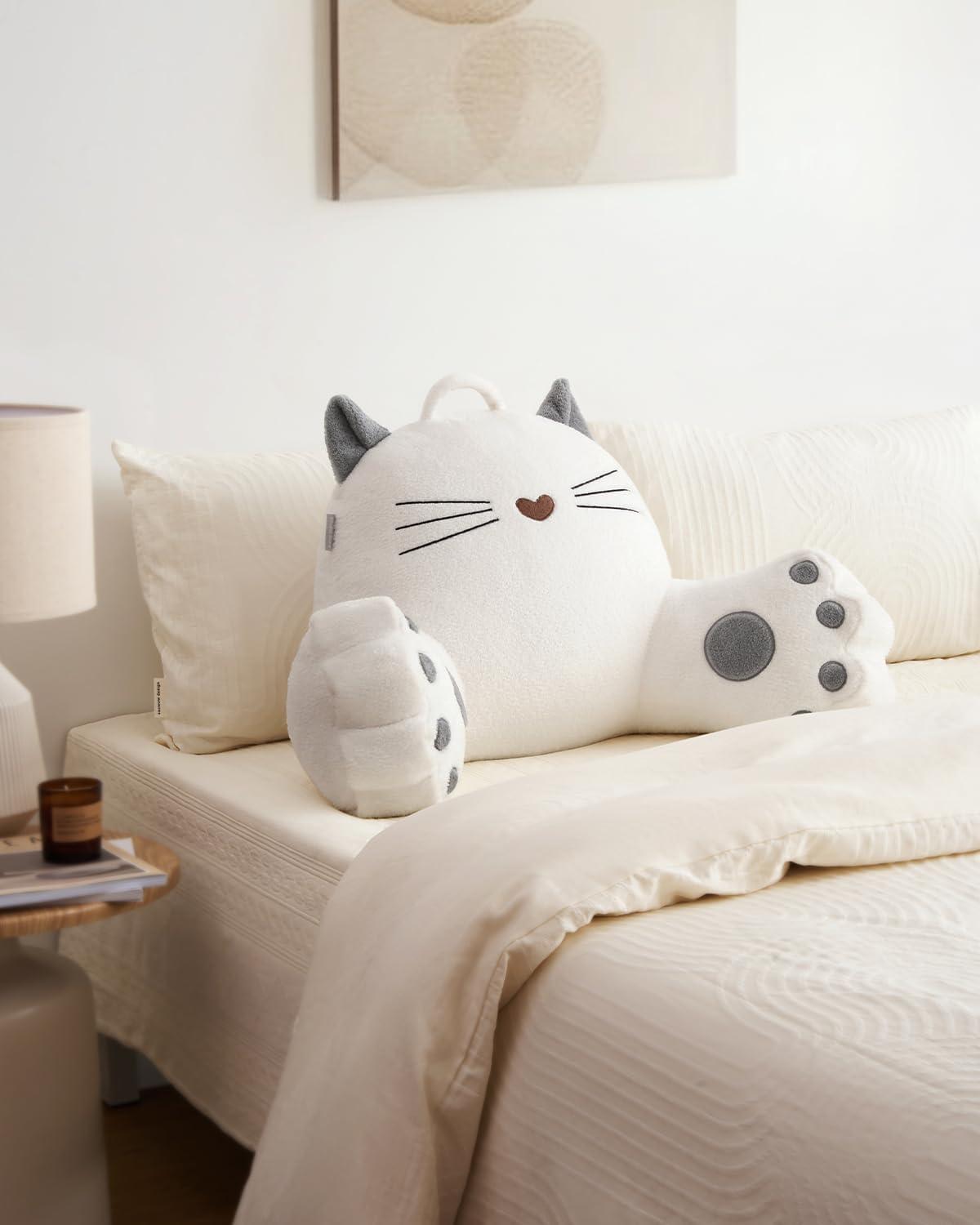 imageBlissful Diary Plush Velvet Reading Pillow for KidsTeensAdults Back Rest Pillow for Sitting Up in Bed with Shredded Memory Foam Includes Arms and Washable Cover Light GrayKitty Pure White