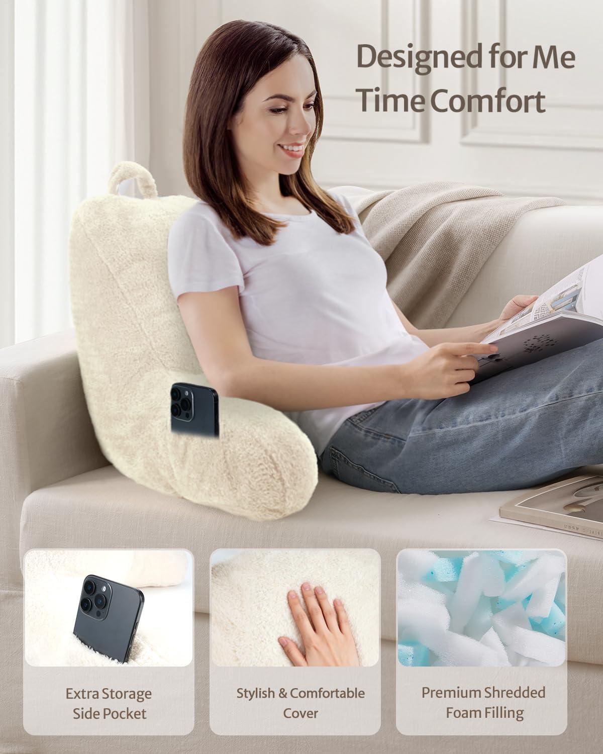 imageBlissful Diary Plush Velvet Reading Pillow for KidsTeensAdults Back Rest Pillow for Sitting Up in Bed with Shredded Memory Foam Includes Arms and Washable Cover Light GrayOff White