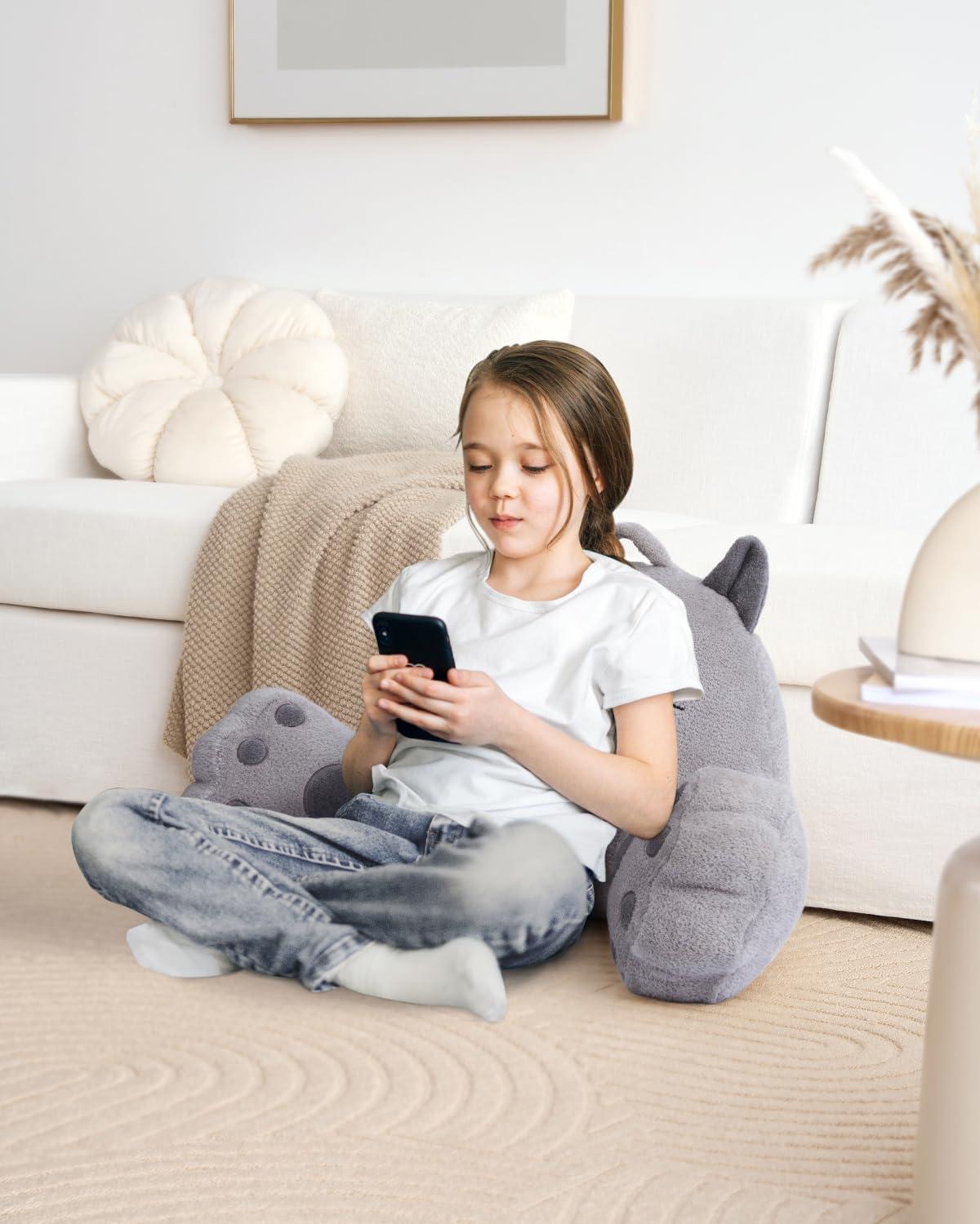 imageBlissful Diary Plush Velvet Reading Pillow for KidsTeensAdults Back Rest Pillow for Sitting Up in Bed with Shredded Memory Foam Includes Arms and Washable Cover Light GrayKitty Light Gray