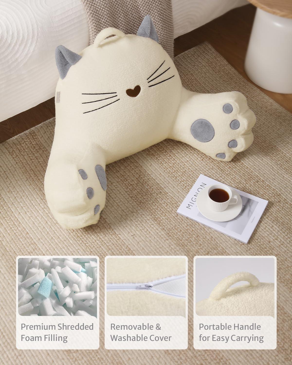 imageBlissful Diary Plush Velvet Reading Pillow for KidsTeensAdults Back Rest Pillow for Sitting Up in Bed with Shredded Memory Foam Includes Arms and Washable Cover Light GrayKitty Off White