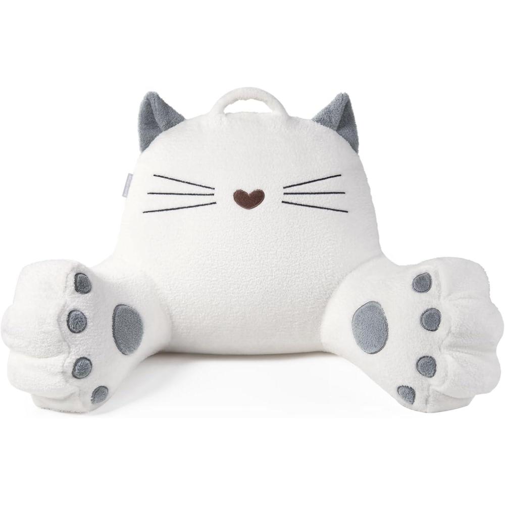 imageBlissful Diary Plush Velvet Reading Pillow for KidsTeensAdults Back Rest Pillow for Sitting Up in Bed with Shredded Memory Foam Includes Arms and Washable Cover Light GrayKitty Pure White