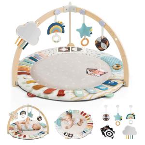 imageBlissful Diary Baby Play Gym ampamp Activity Mat 5 Developmental Zones Wooden Tummy Time Mat with 5 Detachable Sensory Toys for Motor Skills ampamp Sensory Development Baby Essentials Shower Gift Pink FlowerGray Round