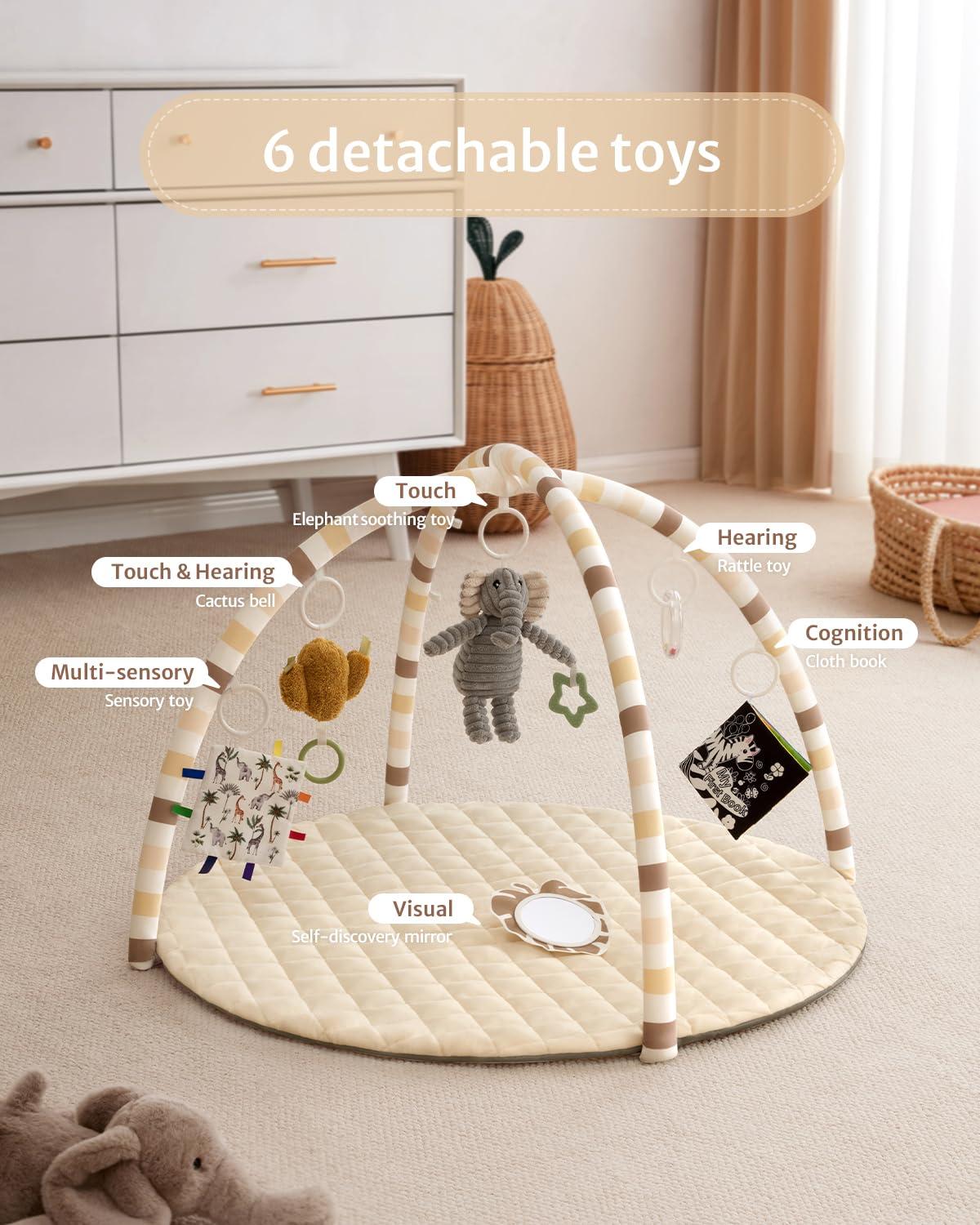 image:imageBlissful Diary Baby Play Gym Mat Play Mat Activity Mat with 6 Detachable Toys for StageBased Sensory amp Motor Skill Development Easy to Install amp Clean Baby Essentials Gift Brown CheckerboardBeige