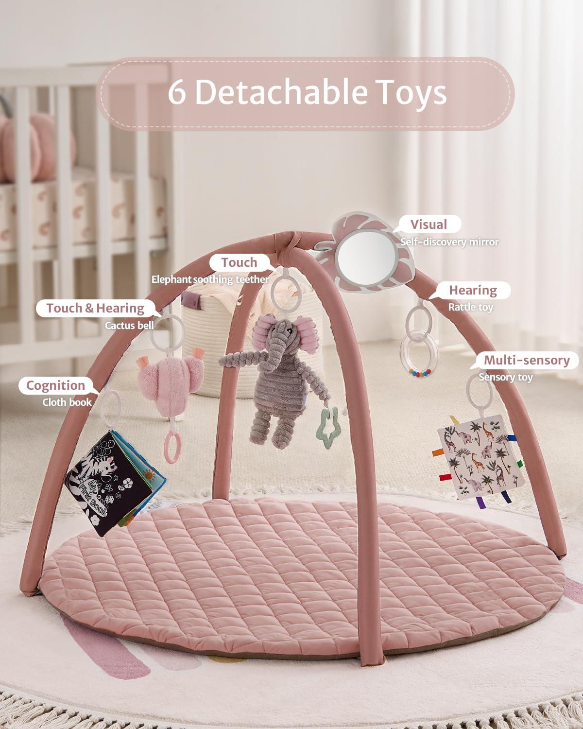 image:imageBlissful Diary Baby Play Gym Mat Play Mat Activity Mat with 6 Detachable Toys for StageBased Sensory amp Motor Skill Development Easy to Install amp Clean Baby Essentials Gift Brown CheckerboardPink
