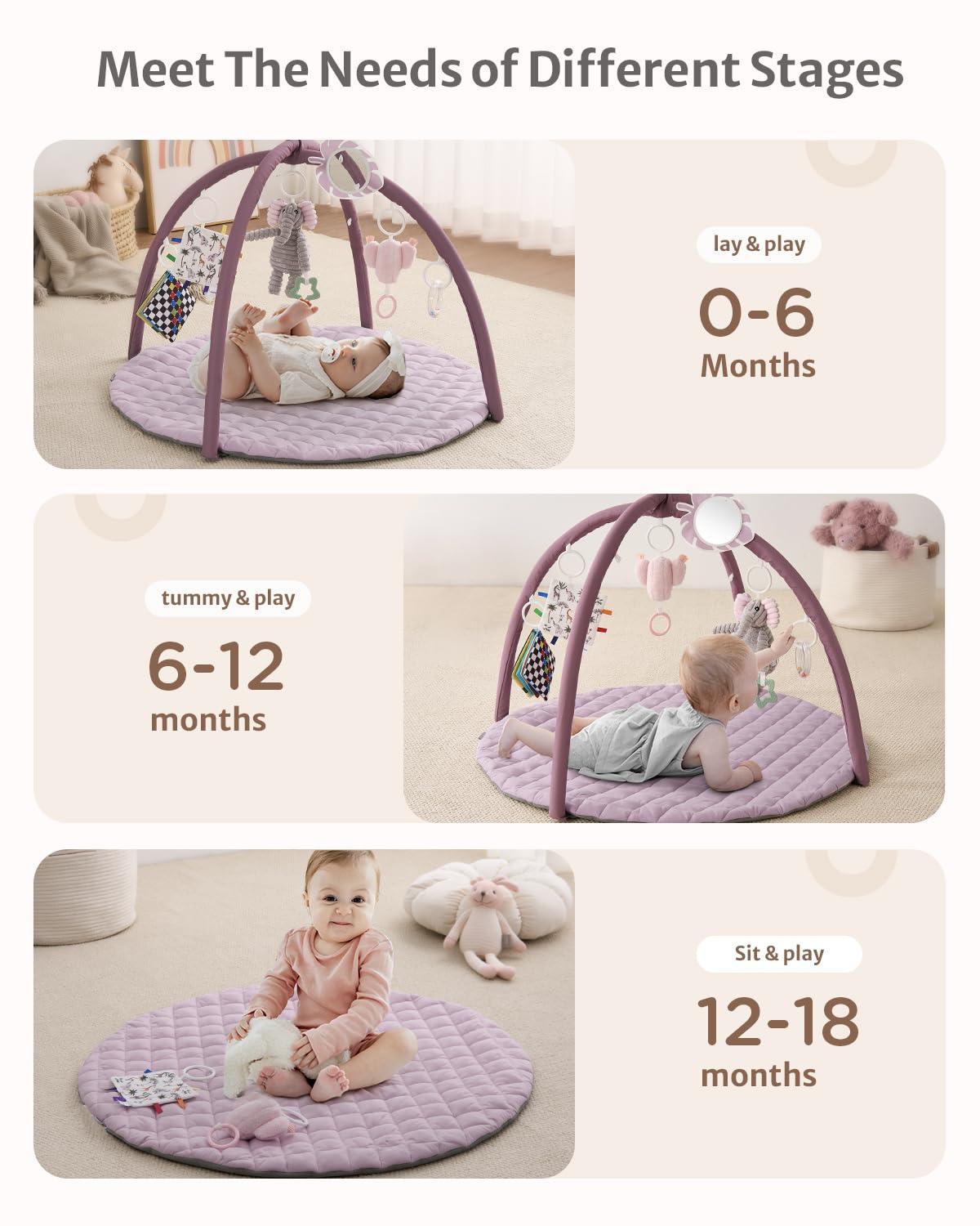 image:imageBlissful Diary Baby Play Gym Mat Play Mat Activity Mat with 6 Detachable Toys for StageBased Sensory amp Motor Skill Development Easy to Install amp Clean Baby Essentials Gift Brown CheckerboardLavender Pink