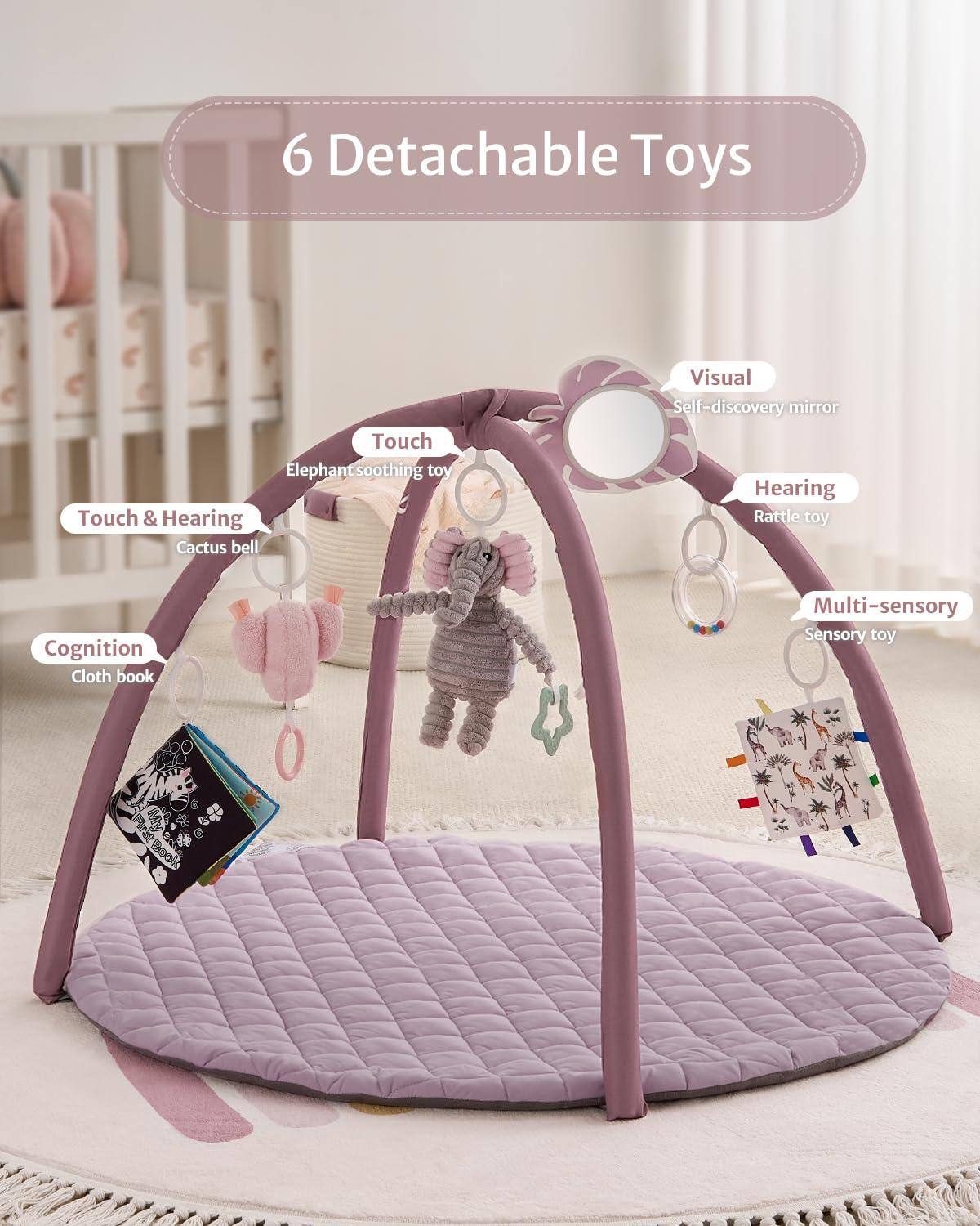 image:imageBlissful Diary Baby Play Gym Mat Play Mat Activity Mat with 6 Detachable Toys for StageBased Sensory amp Motor Skill Development Easy to Install amp Clean Baby Essentials Gift Brown CheckerboardLavender Pink