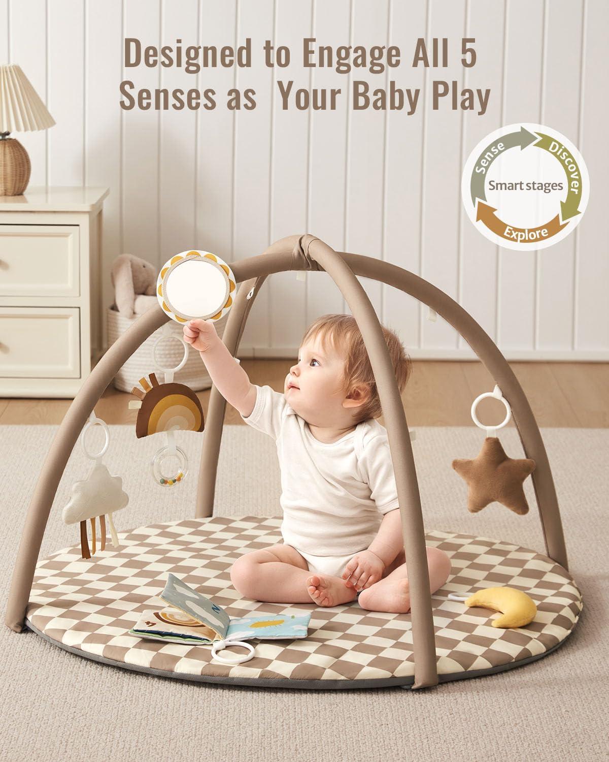 image:imageBlissful Diary Baby Play Gym Mat Play Mat Activity Mat with 6 Detachable Toys for StageBased Sensory amp Motor Skill Development Easy to Install amp Clean Baby Essentials Gift Brown CheckerboardBrown Checkerboard