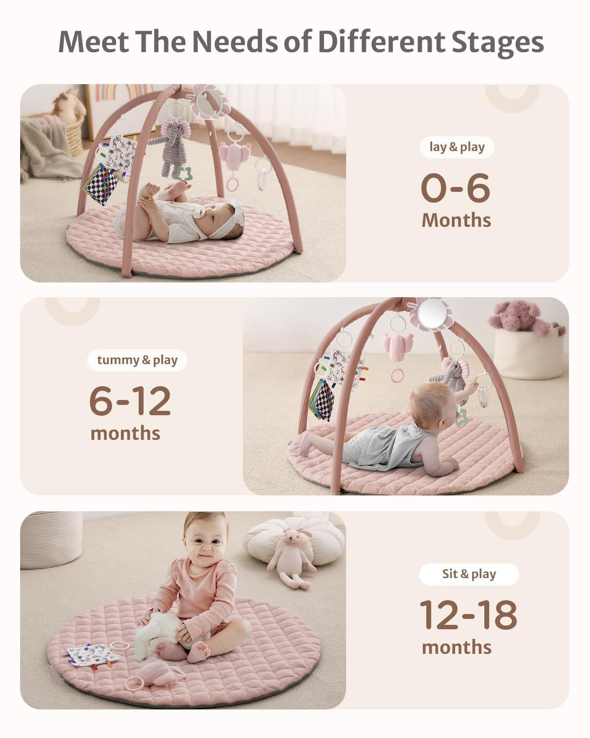 image:imageBlissful Diary Baby Play Gym Mat Play Mat Activity Mat with 6 Detachable Toys for StageBased Sensory amp Motor Skill Development Easy to Install amp Clean Baby Essentials Gift Brown CheckerboardPink