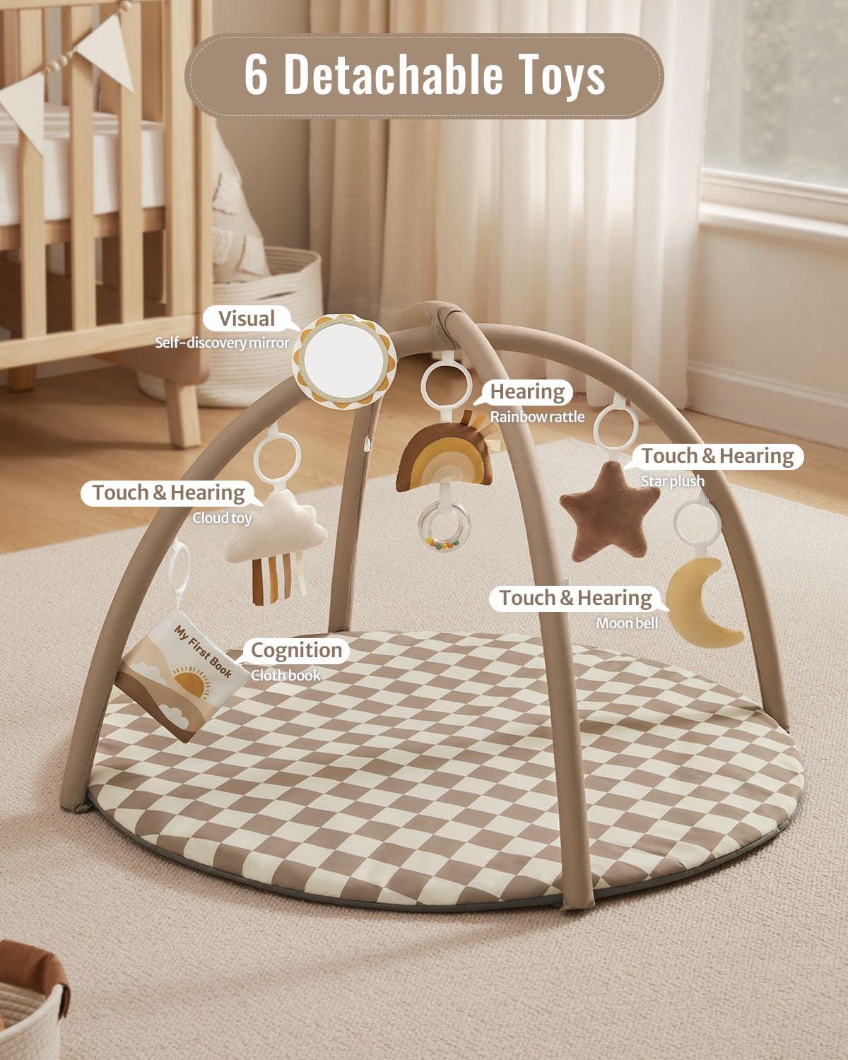 image:imageBlissful Diary Baby Play Gym Mat Play Mat Activity Mat with 6 Detachable Toys for StageBased Sensory amp Motor Skill Development Easy to Install amp Clean Baby Essentials Gift Brown CheckerboardBrown Checkerboard