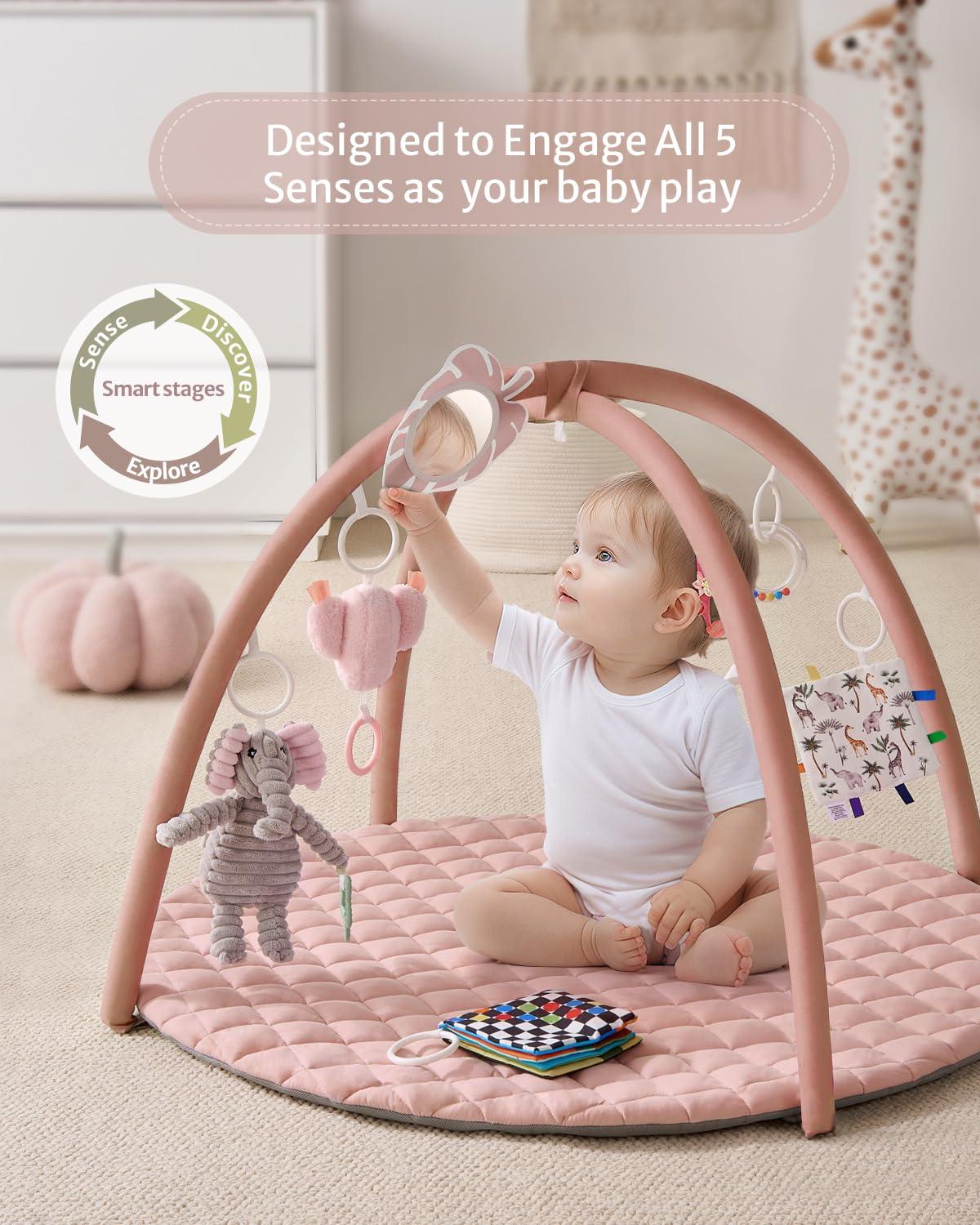 image:imageBlissful Diary Baby Play Gym Mat Play Mat Activity Mat with 6 Detachable Toys for StageBased Sensory amp Motor Skill Development Easy to Install amp Clean Baby Essentials Gift Brown CheckerboardPink
